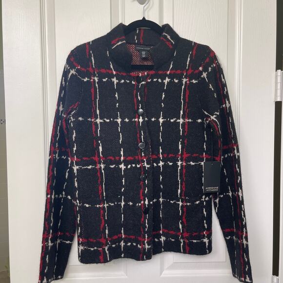 Adrienne Vittadini button black white red button sweater NWT Medium wool blend - Picture 1 of 6
